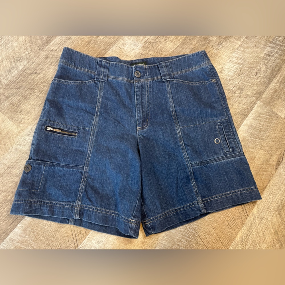 Eddie Bauer Blue Denim Cargo Shorts, Mercer Fit, Fun Extra Pocket Detail